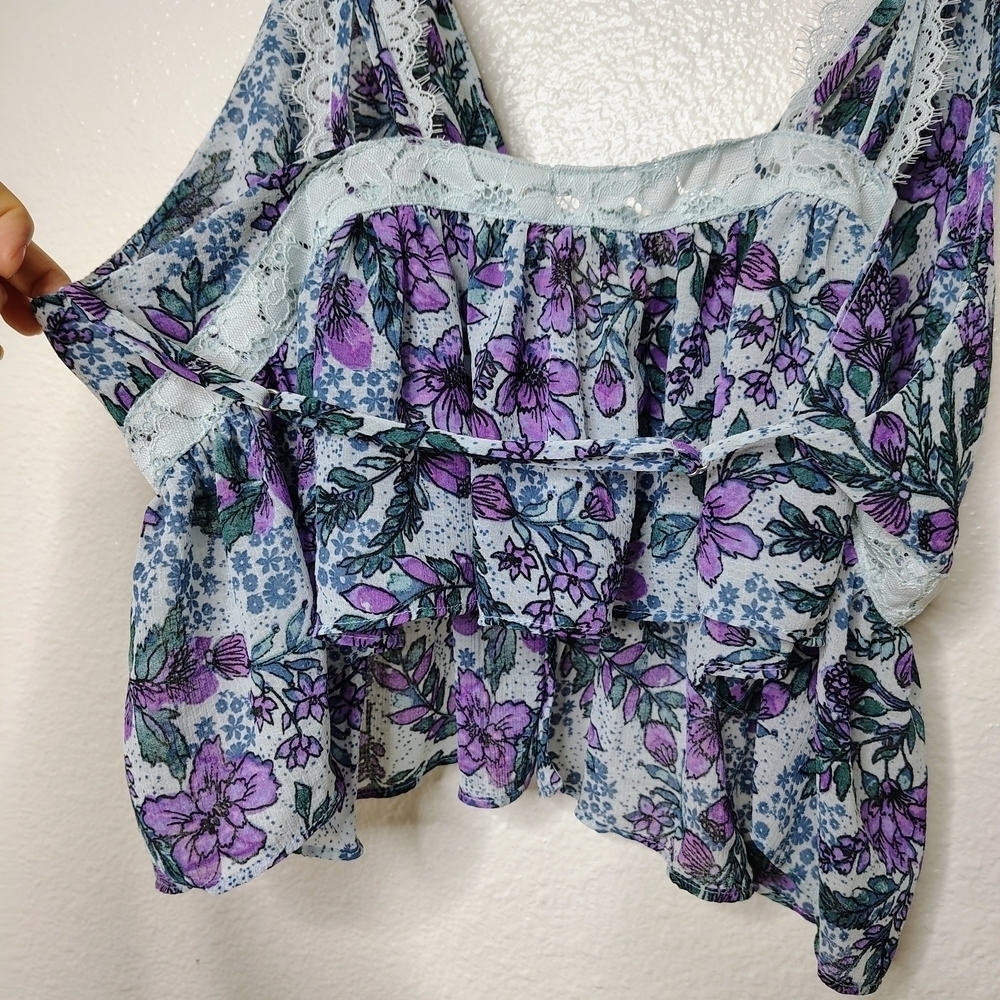 Free People Women's Purple and Blue Floral Croptop Babydoll Camisole Sz L NWOT - Picture 10 of 12